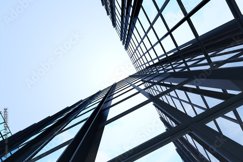 Low angle view of futuristic architecture, Skyscraper of corporate office building with glass window, 3D rendering.