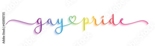 GAY PRIDE rainbow gradient vector brush calligraphy banner with swashes and heart symbol on white background