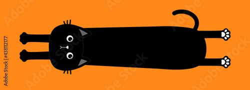 Cute black cat. Happy Halloween. Cartoon baby character. Long body with paw print, tail. Funny face head silhouette. Meow. Kawaii animal. Pet collection. Flat design. Isolated. Orange background.