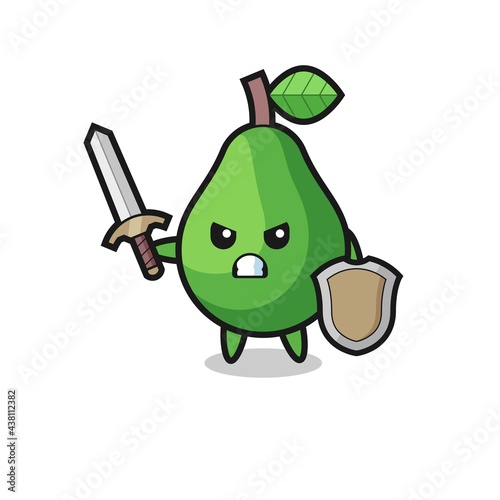 cute avocado soldier fighting with sword and shield