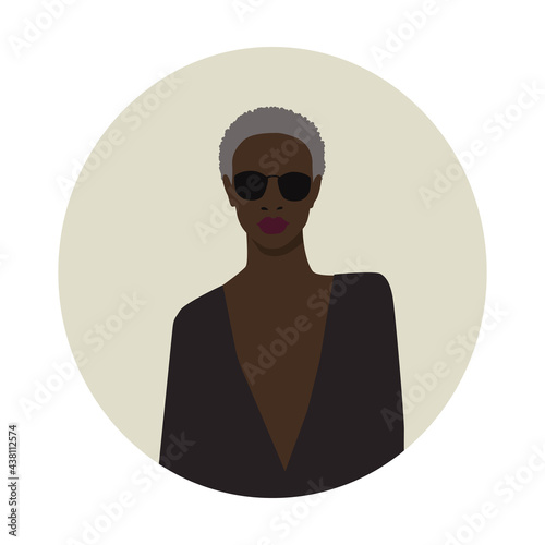 beautiful grey-haired black lady in  black circle sunglasses. portpait of african american strong woman. isolated on a grey background 