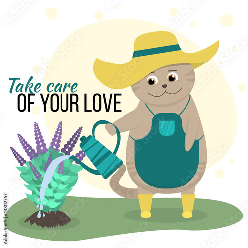 Cute brown fold cat watering flowers. The cat has planted flowers and is taking care of the catnip. Spring or summer chores in the garden. Vector flat illustration.