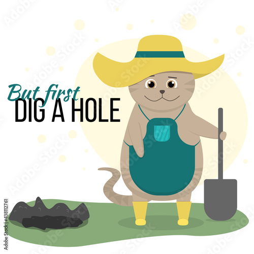 Cute brown fold cat with a shovel. The cat is planting flowers and dug a hole. Spring or summer chores in the garden. Vector flat illustration.