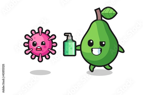illustration of avocado character chasing evil virus with hand sanitizer