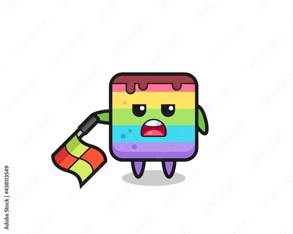 rainbow cake character as line judge hold the flag down at a 45 degree angle rainbow cake character as line judge hold the flag down at a 45 degree angle