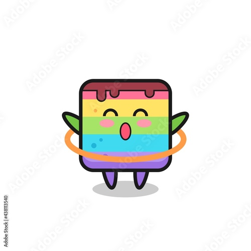 cute rainbow cake cartoon is playing hula hoop