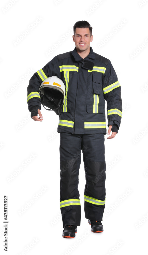 Full length portrait of firefighter in uniform with helmet on white background Full length portrait of firefighter in uniform with helmet on white background
