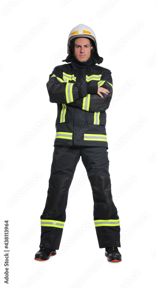 Full length portrait of firefighter in uniform and helmet on white background Full length portrait of firefighter in uniform and helmet on white background