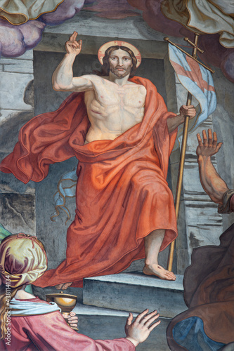 VIENNA, AUSTIRA - OCTOBER 22, 2020: The detail of fresco of Resurrection in St. John the Nepomuk church by Leopold Schulz (1846).