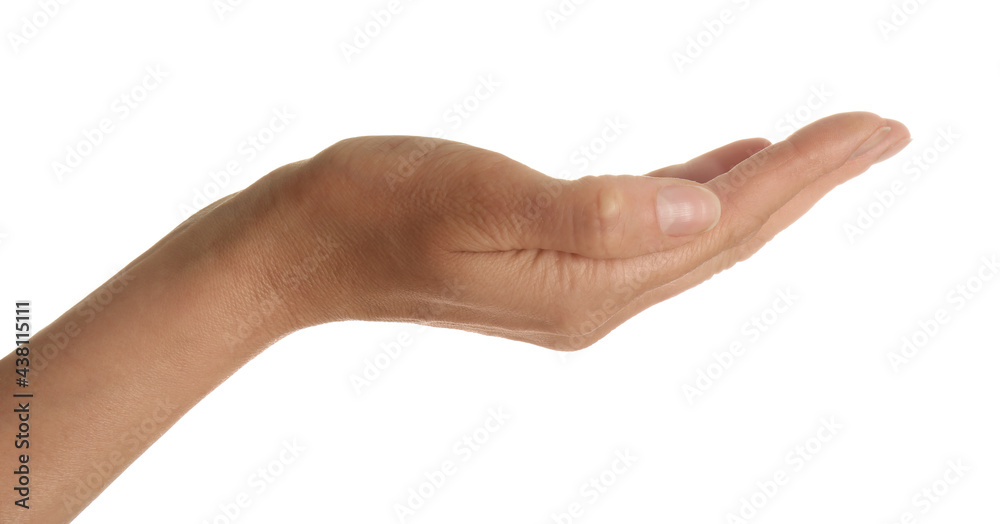 Woman holding something on white background, closeup Woman holding something on white background, closeup