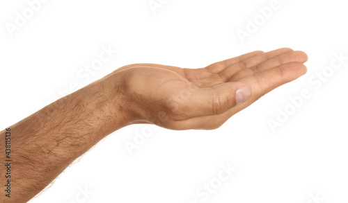 Man holding something on white background, closeup