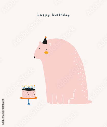 Cute Birthday Party Vector Card. Big Hand Drawn Bear in Small Party Hat and Birthday Cake with Blue Candles on a Light Beige Background. Handwritten Wishes. Happy Birthday. Childish Style Greetings.