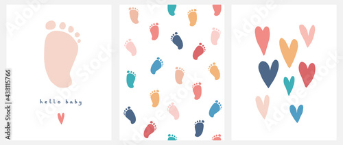 Cute Nursery Vector Art. Light Pink Little Baby Foot Isolated on a White Background. Hello Baby. Baby Shower Vector Illustration and Lovely Seamless Pattern with Little Baby Feet. Print with Hearts.