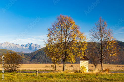 chapel with a tree in Low Tatras with background High Tatras, Slovakia