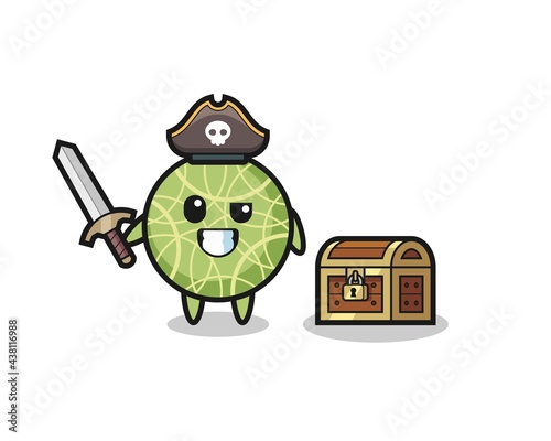 the melon fruit pirate character holding sword beside a treasure box