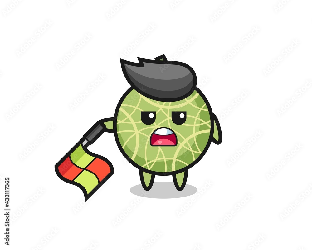 melon fruit character as line judge hold the flag down at a 45 degree angle