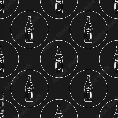 Seamless pattern of bottle of vermouth in flat style in form of thin lines. In the form of background is circle. Repeat wallpaper pattern beverages. Black and white template for restaurant pub party