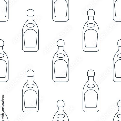 Tequila bottles seamless pattern. Line art style. Outline image. Black and white repeat template. Party drinks concept. Illustration on white background. Flat design style for any purposes