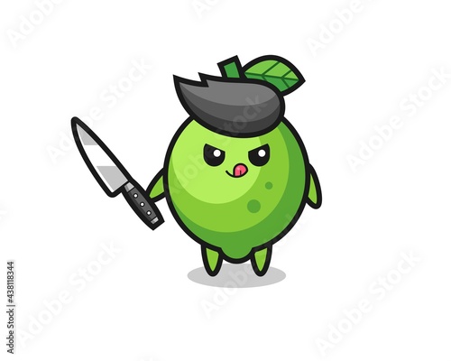 cute lime mascot as a psychopath holding a knife