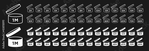 Cosmetic month life after opening white icons set. Isolated white PAO symbols on black background. Label signs for packaging design. Vector illustration.