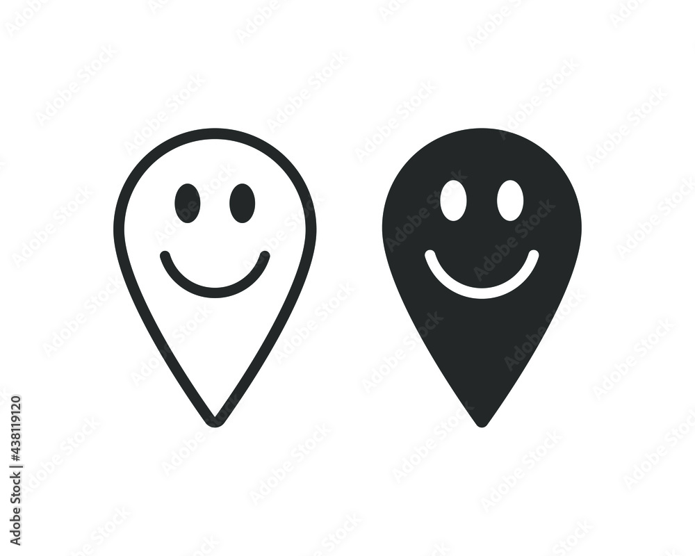 Smiling location pointer symbol icon. Happy Gps navigation pin sign. Smile face emotion character. Map position marker logo. Vector illustration image. Smiling location pointer symbol icon. Happy Gps navigation pin sign. Smile face emotion character. Map position marker logo. Vector illustration image.