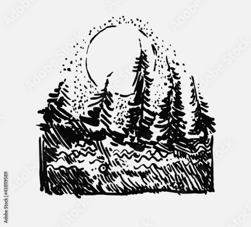 Hand drawn illustration, vector graphic with a tree and moon. 