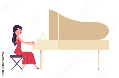 Musician, elegant evening dress woman playing professional grand piano instrument. Classical music event, concert, party performance. Vector flat style cartoon illustration isolated, white background