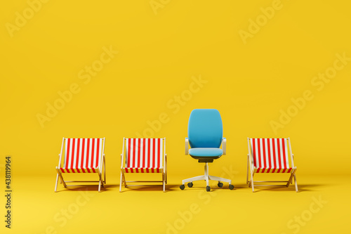 Fototapeta Striped sun loungers with one office chair on a yellow background