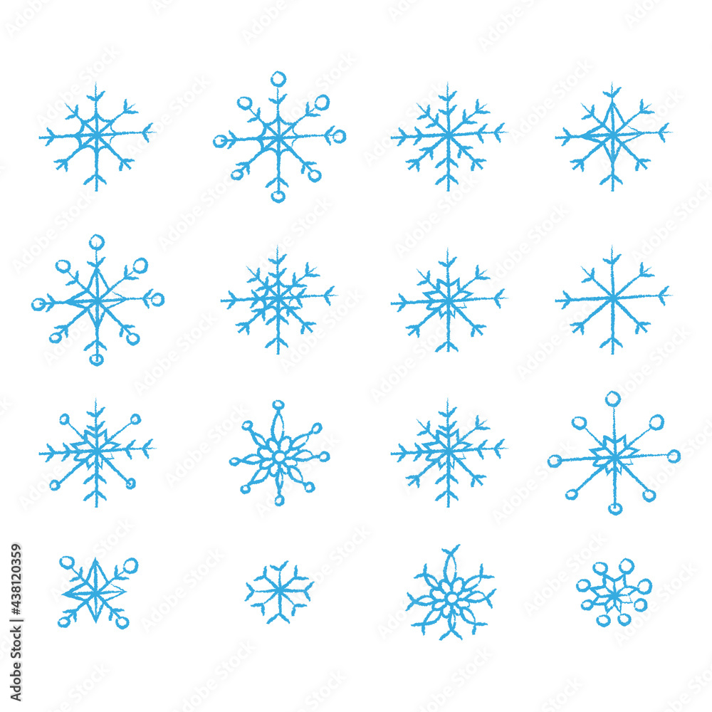 Set of hand drawn cute blue snowflakes, snowflake icon, isolated vector illustration on white background