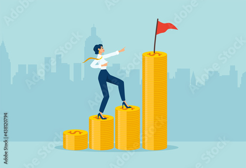 Vector of a business woman climbing up coin stacks aiming to achieve financial goal with a flag on the top.