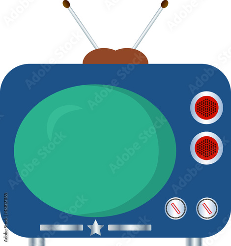 old blue tv with orange speakers and antennas 