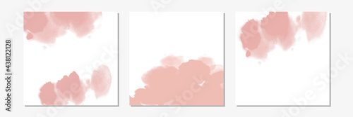 Set of pink watercolor or ink stains background. Abstract  paint shapes. Isolated texture on white. Modern minimalist art. Design for party invitation or poster.