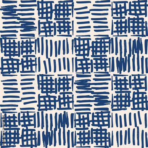Indigo tie dye shibori vector seamless pattern. Minimalist geometric oriental  tile repeat in navy blue and off white. Organic texture. Japanese traditional print.
