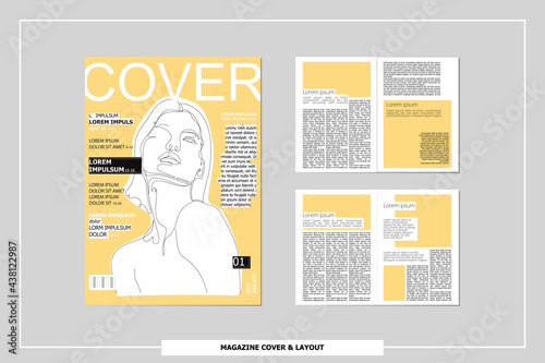 A4 magazine cover and spread sheet page layout template. fashion journal brochure design mock up with copy space. booklet, catalog design with facing pages, editable text composition. photo