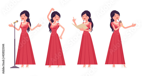 Musician, elegant red evening dress woman singing, dancing. Classical music event, concert, wedding party performance. Vector flat style cartoon illustration isolated, white background
