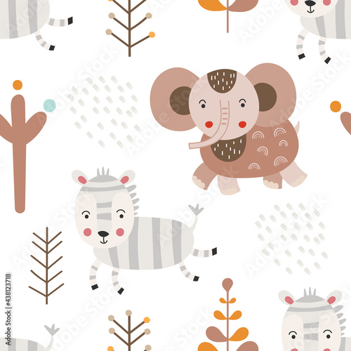 Vector seamless pattern kids safari animals. Repeat fabric design. Cute zebra, elephant on white background. Kids illustration.
