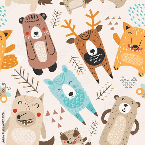 Repeat pattern woodland animals kids fabric. Forest design your own wallpaper vector illustration. Cute woodland theme nursery.