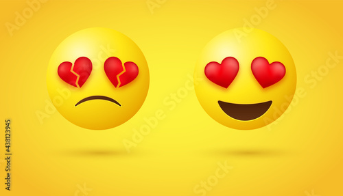 heart eyes emoji face in 3d - broken heart emoji with love emoticon, Loving eye character - smiling face in love