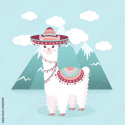 Cute llama in a sombrero against the background of mountains and clouds. Vector illustration for greeting card, poster, texture, textile, decor. Cartoon character alpaca.