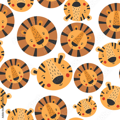 Lion tiger seamless pattern kids print. Safari wallpaper design for baby nursery. Repeat fabric vector illustration.