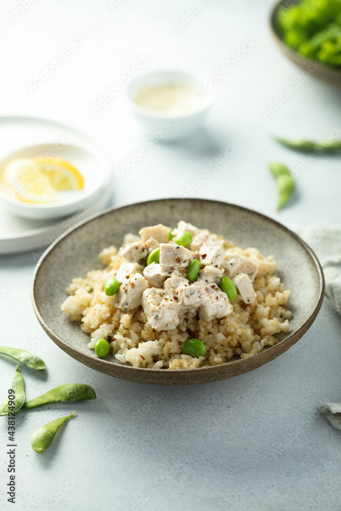 Healthy quinoa bowl with chicken and edamame beans Healthy quinoa bowl with chicken and edamame beans