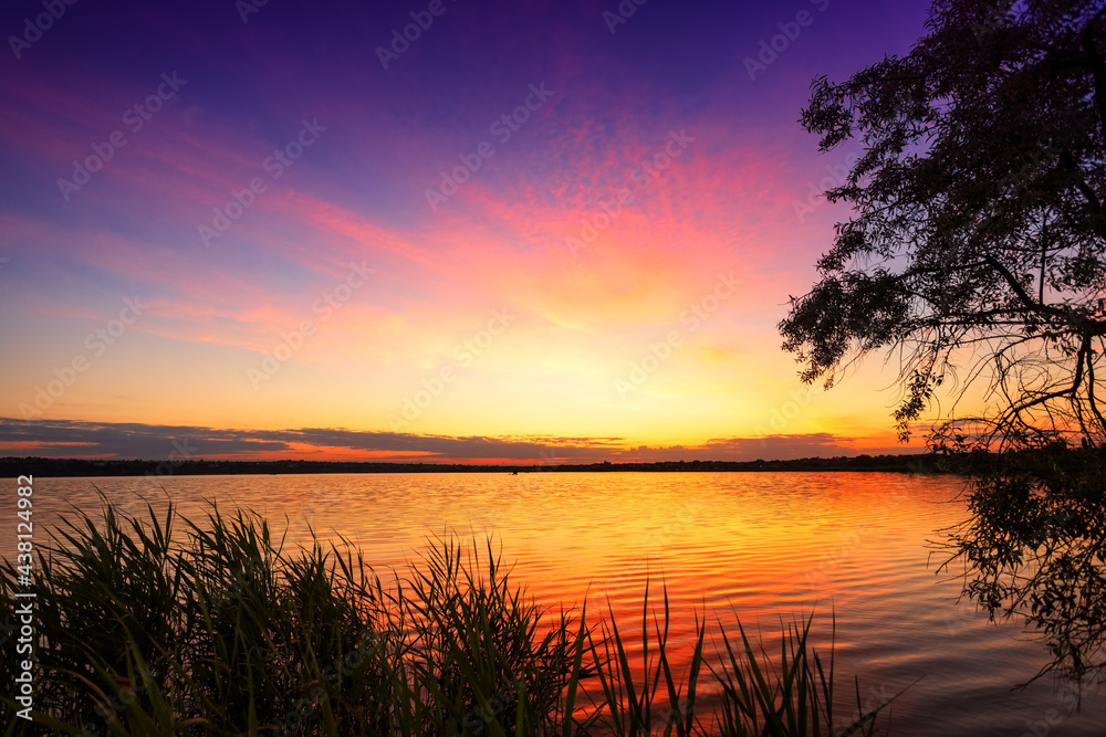 Beautiful landscape with sunset, sunrise on the lake