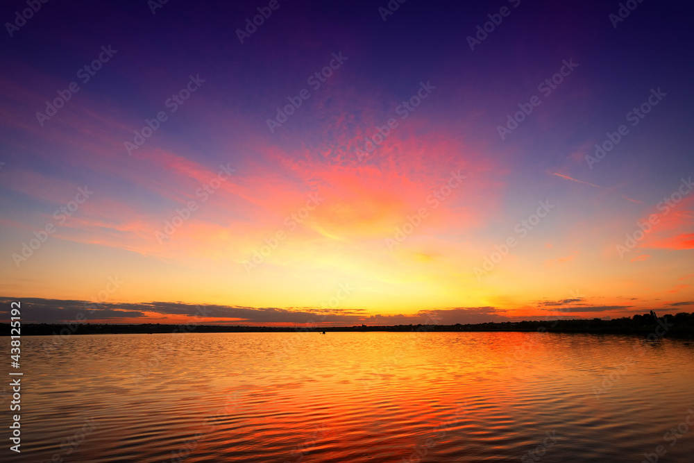 Beautiful landscape with sunset, sunrise on the lake