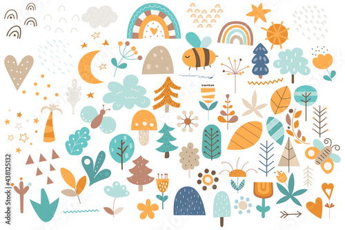 Forest woodland floral clipart isolated set. Scandinavian elements for kids design, nursery wall art. Vector illustration on white background.
