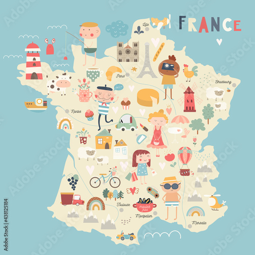 France map kids nursery poster print. French elements  people  symbols. Fun tutorial. Vector illustration.
