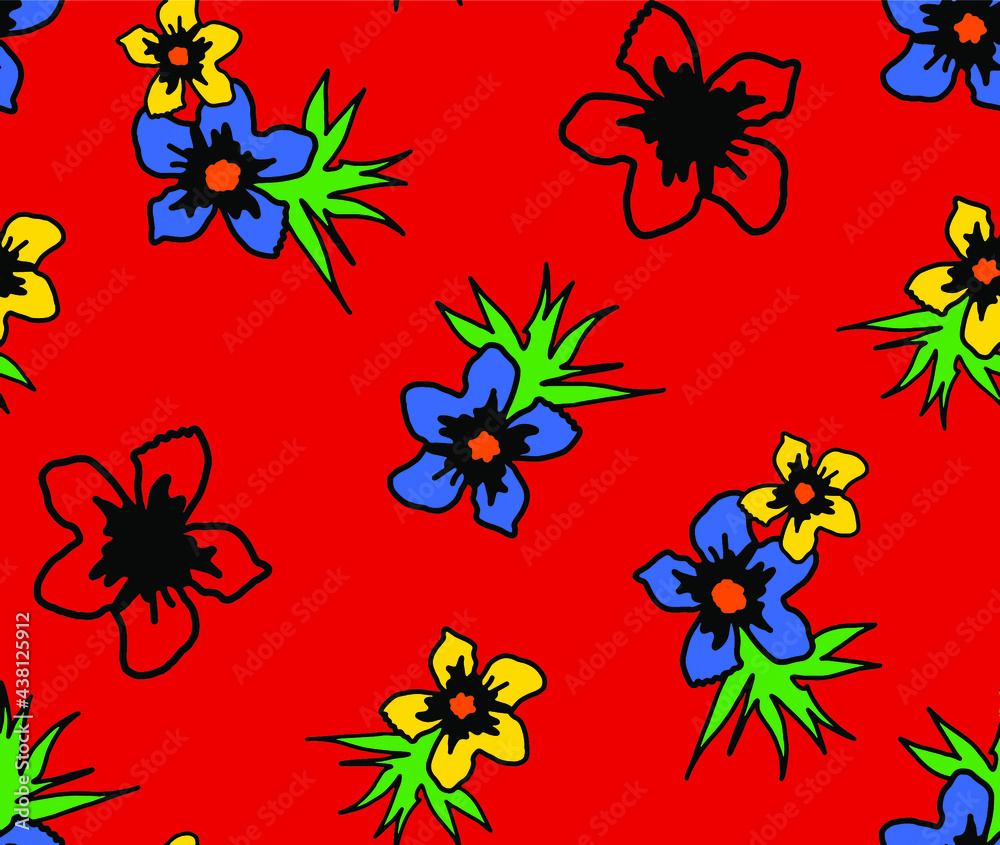 Abstract Hand Drawing Tropical Flowers and Leaves Seamless Pattern Isolated Background