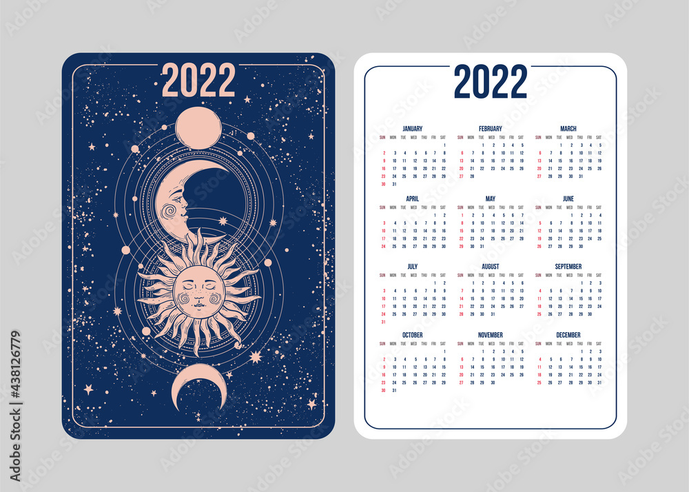 Boho Tarot calendar for 2022 in astrological style with moon, sun and planets. Week starts on Sunday. Vertical two-sided calendar design template.