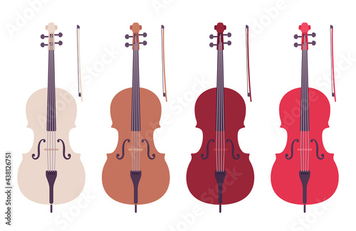 Cello double bass, symphony orchestra bowed string instrument. Concertos, solo, classical chamber music equipment. Vector flat style cartoon illustration isolated, white background, different colors