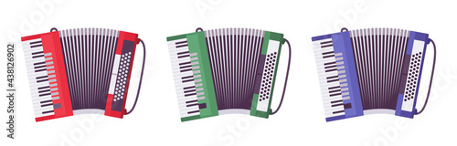 Piano accordion, musical instrument for performances of classical, jazz music. Song accompaniment, entertainment. Vector flat style cartoon illustration isolated on white background, different colors