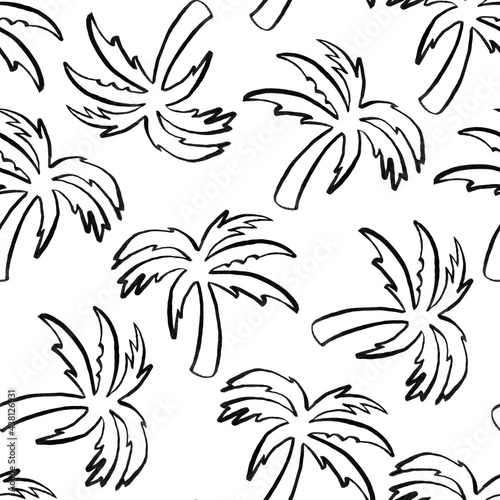 Palm tree linear drawing seamless pattern. Template for decorating designs and illustrations.